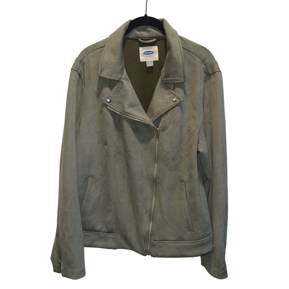 Old Navy Women's XL Olive Green Faux Suede Moto Jacket Zip Front Snap Collar